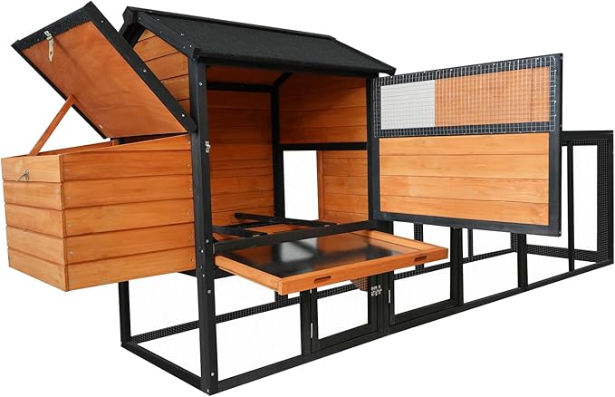 113" Large Chicken Coop with Run, Outdoor Wooden Hen Duck House with Nesting Box, Waterproof Asphalt Roof and Pull-Out Tray, Poultry Bunny Quail Cage Rabbit Hutch with Ventilated Window, Brown+Black