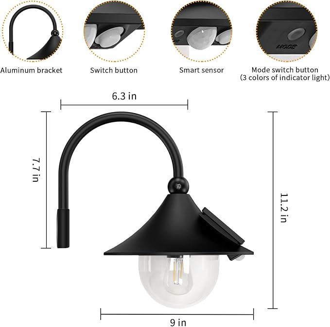 Aqonsie Solar Barn Light Outdoor with 3 Lighting Modes & Motion Sensing, Wall Mount Vintage Light, Waterproof Wall Light for Barn, Shed, Chicken coop, Porch, Patio