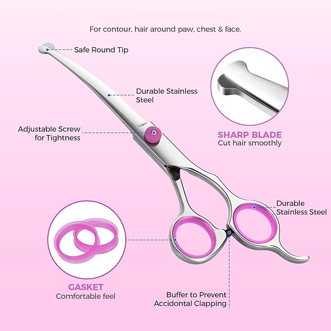 Dog Grooming Scissors with Safety Round Tips Stainless Steel Professional Pet Grooming scissors Kit - Thinning, Curved Scissors and Comb for Dogs Cats - Pink