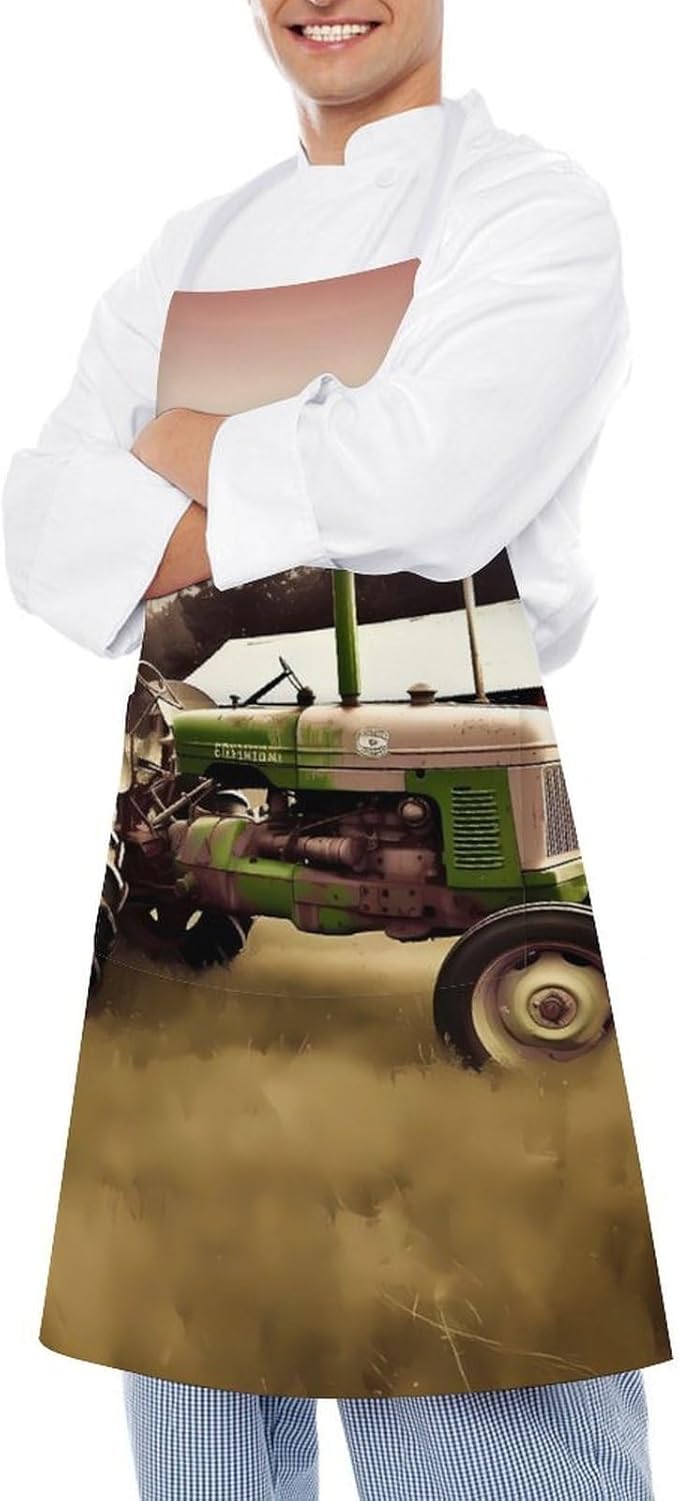 Old Tractor Photo Farm Chef Apron for Men Women with 2 Pockets Water & Oil Resistant Bib Aprons Adjustable Neck Strap & Long Ties Work Apron for Cooking Grilling Serving Crafts Gardening