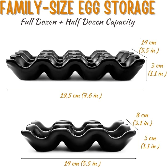 Flexzion 12 Cups Ceramic Egg Holder for Fridge - Dozen Ceramic Egg Tray Porcelain Container Storage Organizer Decorative Serving Stand Serveware for Refrigerator Countertop Display (Black, 2 Pack)