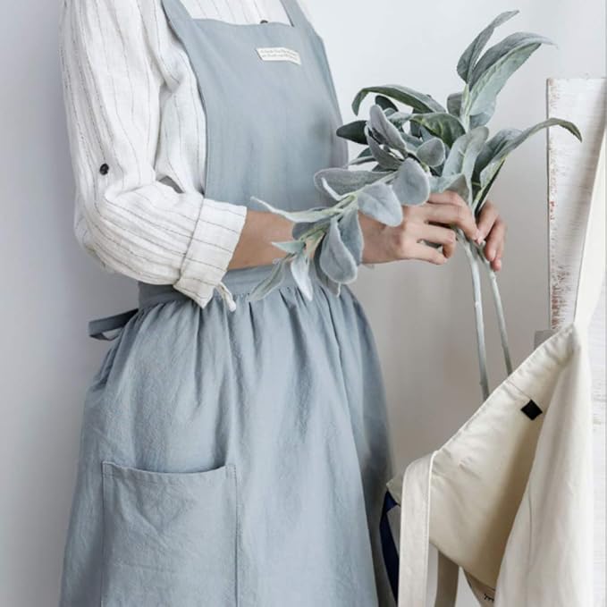 Cotton and linen Kitchen Cooking Aprons Dress for Women with Pockets Cute for Baking Painting Gardening Cleaning