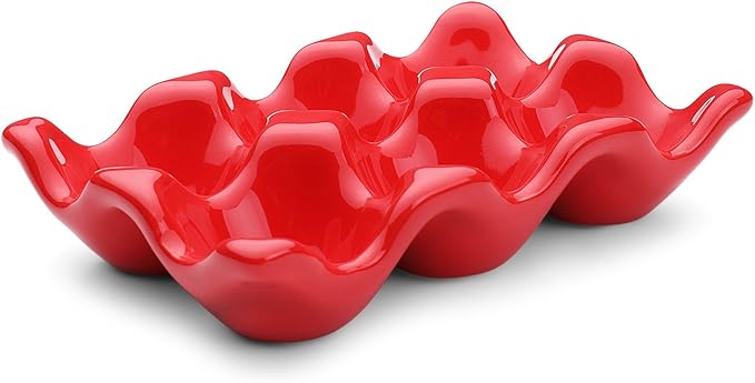 Flexzion Ceramic Egg Holder for Fridge - 6 Cups Egg Tray Half Dozen Porcelain Container Keeper Storage Organizer Decorative Serving Dish Serveware for Refrigerator Countertop Display Kitchen (Red)