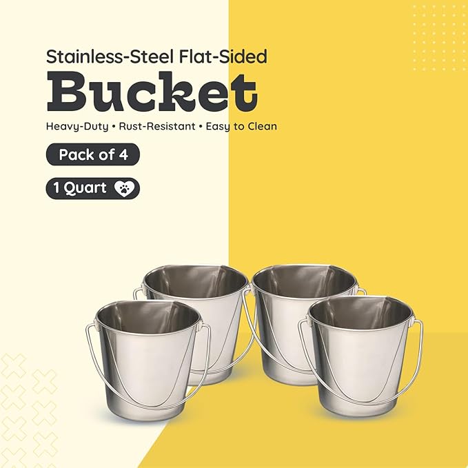 Flat Sided Stainless Steel Bucket, 1 Quart (0.25 Gallon) Hanging Feeding Pail for Small Dogs Cats Birds, Fits Kennels Cages Compatible, Heavy Duty Food & Water Feed, Silver Buckets 4 Pack