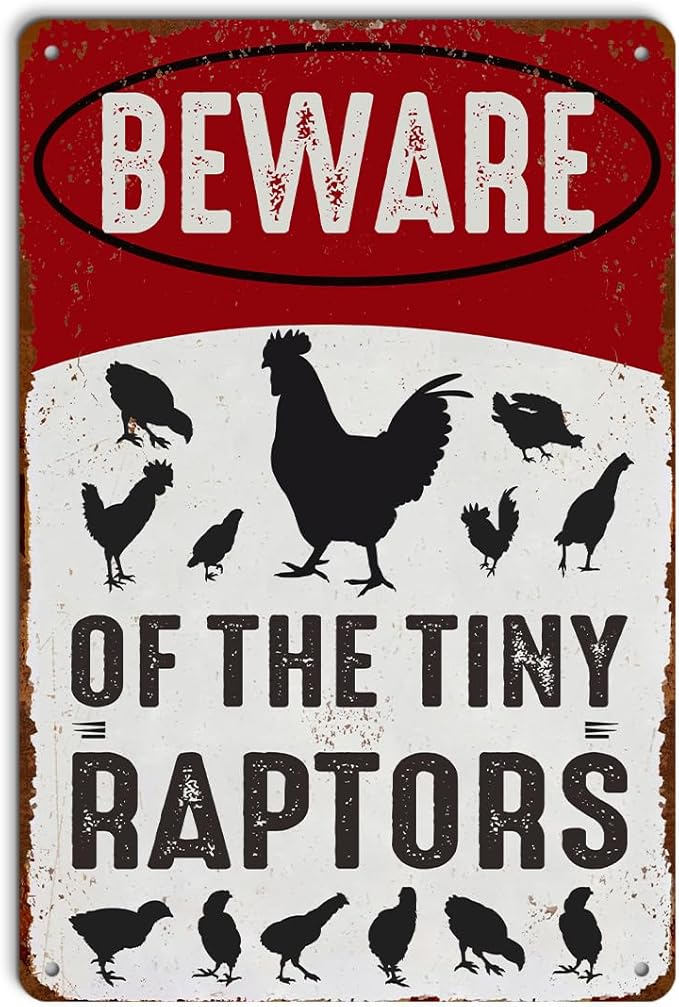 Funny Chicken Gifts for Women Farm Enthusiasts, Beware of The Tiny Raptor Aluminium Plate Signs, Humorous Chicken Decor for Farmhouse Coop Kitchen, Rustic Wall Art Decorations 8 X 12 Inch Metal Signs