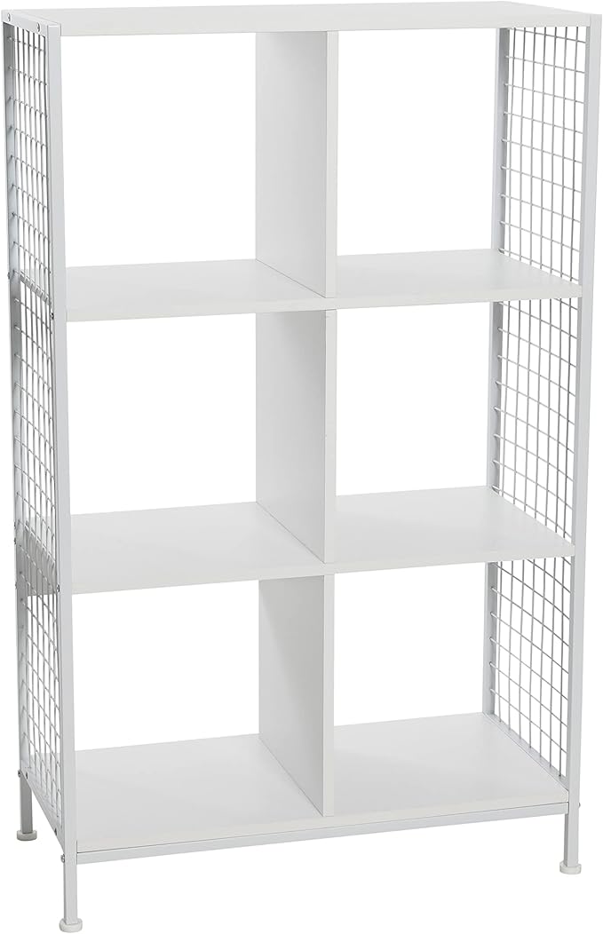 Household Essentials Trellis Open Storage Bookshelf with 6 Cube Compartments Scandinavian White and White Metal