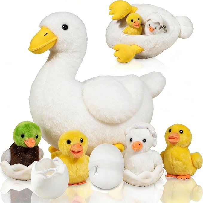 7 in 1 Duck Stuffed Animal Plush Duck Toys for Kids Toddler, 12" Mommy White Stuffed Duck Plush Toy with 4 Baby Ducks Ducklings Eggs Duck Plushie Pillow for Birthday Easter Stuffers Gifts Farm Party