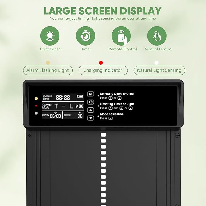 Automatic Chicken Coop Door Solar Powered with Timer & Light Sensor 4 Modes Aluminum Waterproof Chicken Door, Remote Control, LCD Display, Dual Protection of Anti-Pinch Design and Abnormal Alarm