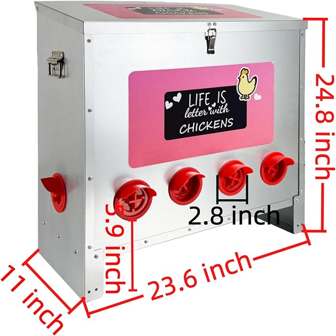 85-120LB Automatic Chicken Feeder with 10 Ports No Waste Galvanized Metal Poultry Feeder Outdoor Chicken Feeder Box with Handle and Locking Lid for Chickens Ducks Geese Silver