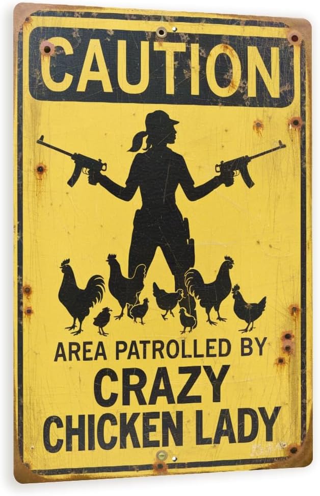 Crazy Chicken Lady Sign – Funny Caution Farm Sign, Vintage Metal Chicken Warning Wall Decor, Rustic Backyard Poultry Humor 8x12