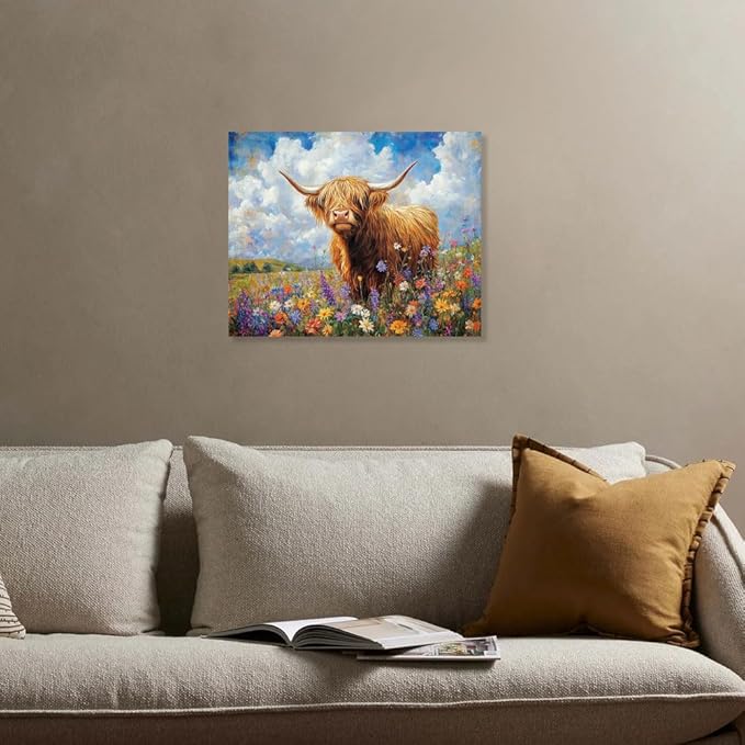 Yidepot Highland Cow Canvas Wall Art: Flowers Farmhouse Artwork, Cow Pictures Bedroom Decor Ready to Hang 12x15inch
