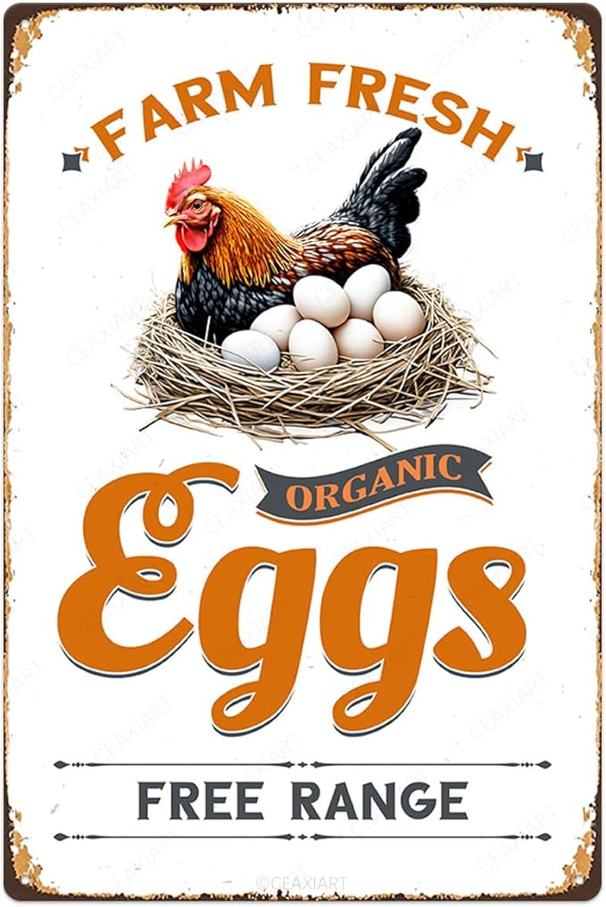 Farm Fresh Eggs Tin Sign Chicken Coop Metal Signs Funny Hanging Plaque For Hen House Outdoor Rustic Decoration Vintage Chick Inn Accessories Garden Yard Fence Home Decor 12x8 Inch