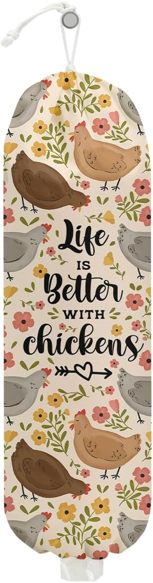 Chicken Flowers Plastic Bag Holder, Wall Mount Grocery Bag Holder, Plastic Storage bag, Storage Organizer Grocery Bags with Drawstring, Chicken Gifts for Women Mom Grandma Animal Lovers