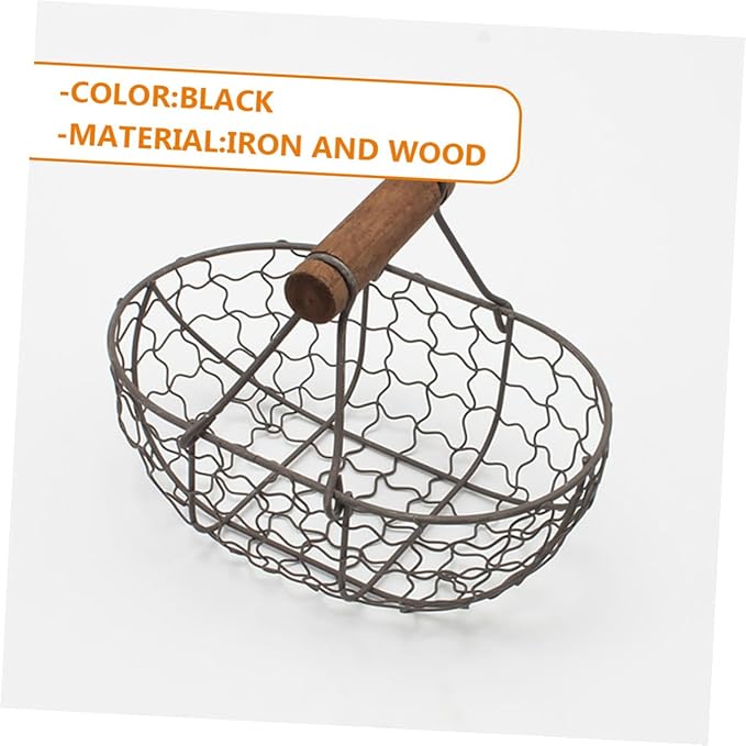 Alipis 2pcs Vintage Style Iron Wire Fruit Basket with Wooden Handle, Multi-function Kitchen Storage Organizer for Bread and Eggs, Decorative Metal Wire Basket for Home Countertop