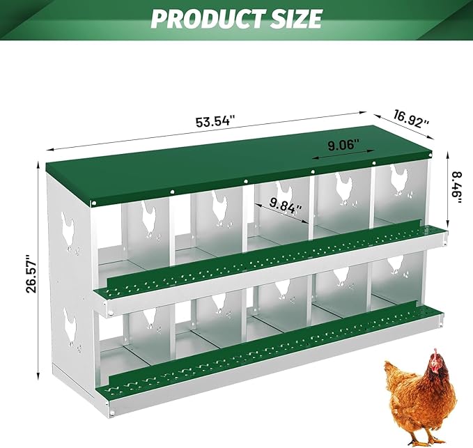 Metal Chicken Nesting Boxes, Heavy-Duty Galvanized Steel Egg Laying Box with 10 Compartments, Rustproof, Easy to Install & Clean, Wall-Mountable Design for Poultry Coops- Green Without Stand
