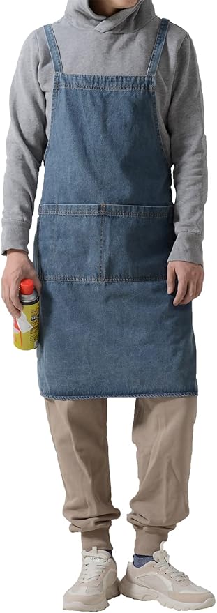 Cotton Denim Apron Soft - Unisex Adjustable Bib Apron with 5-Pockets Perfect for Kitchens