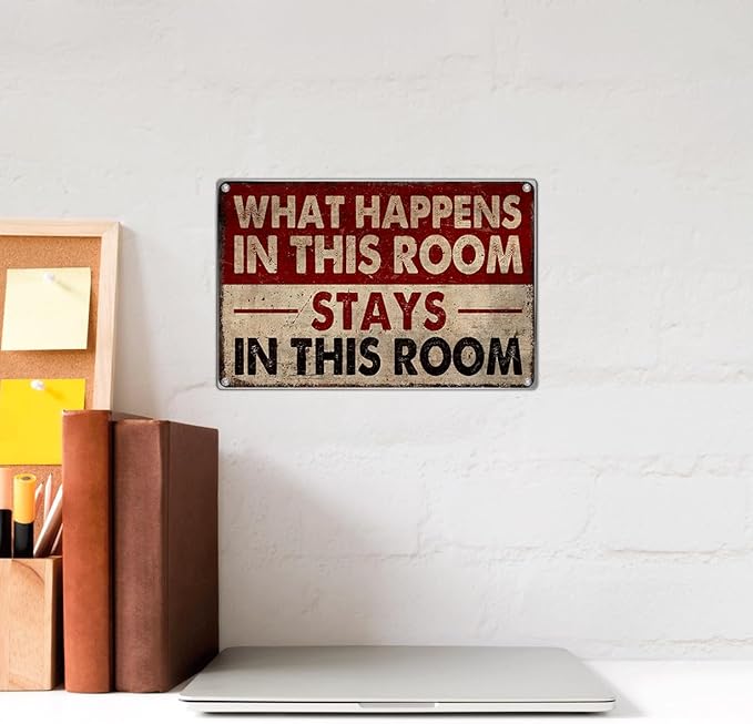 Funny Room Wall Decor Metal Sign What Happens In This Stays Vintage Style 12 x 8 Inch Bedroom Dorm Man Cave Door Decoration For Men And Women Aluminum Art Kitchen