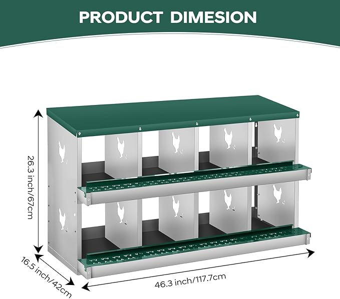 Garvee 8 Compartment Chicken Nesting Box, 2 Layer Wall Mount/Free Standing Poultry Nest for Chickens, Hens, Ducks, Metal Chicken Laying Boxes with Perch, Secure Lid, Vented Holes, Green