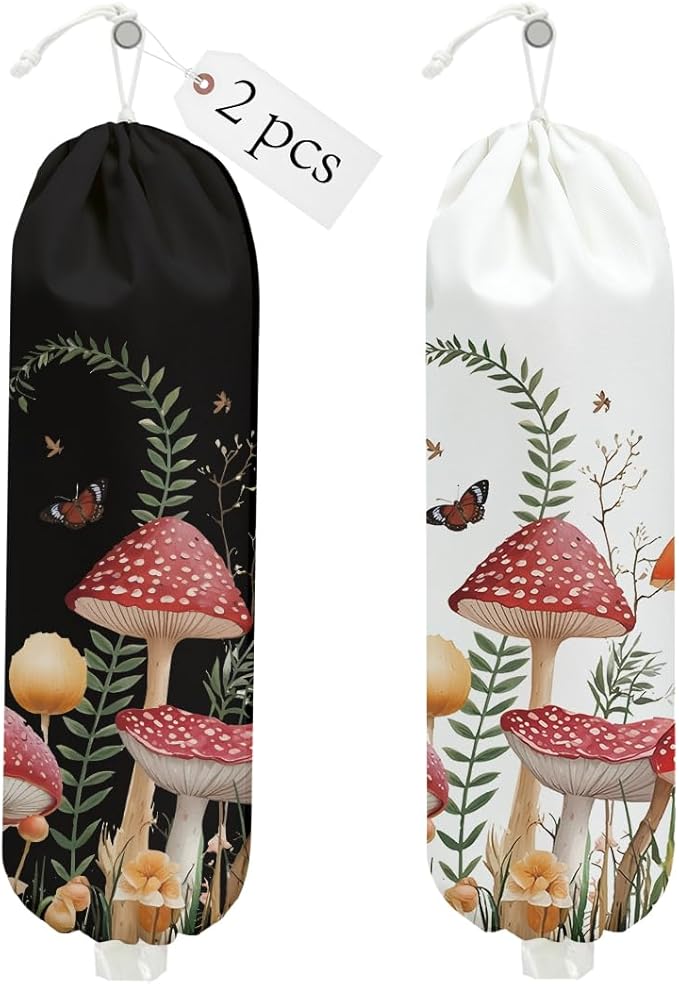 2PCS Mushroom Plastic Bag Holder, Wall Mount Grocery Bag Holder for Plastic Storage bag, Storage Organizer Reusable Grocery Bags, Pull Rope Free Adjustment, Butterfly Gifts for Women Mom Sister