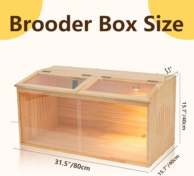 Large Wooden Chicken Brooder Box with Bulb Set and Thermometer - Brooder Box for Chicks Indoor Accommodates Up to 12 Chicks - Ideal for Chickens, Ducks, Quails, Hamsters, and Lizards（32x16x16 Inches）
