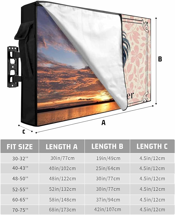 Waterproof Outdoor TV Cover 60 to 65 Inch, Farm Chicken Rooster on Vintage Linen Outside Flat Screen Televisions Weatherproof Cover Size 58"L x 37"H, Pink Flower Plant TV Protector With Zipper
