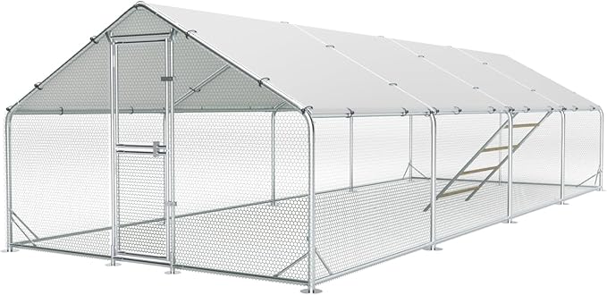 Large Metal Chicken Coop, 10x26x6.5FT Chicken Runs for Yard with Cover and Roosting Perch, Split Doors Walk in Chicken Coop