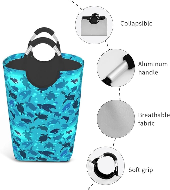 Sea Turtle Laundry Basket Ocean Beach Animals Foldable Laundry Hamper Blue Collapsible Laundry Baskets with Handles Clothes Hamper Laundry Tote Bag for Dorm Family Storage Bin 50L