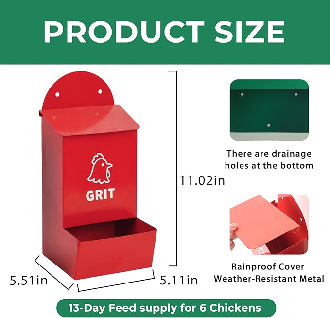 Rustproof Chicken Grit and Oyster Shell Feeder 2 Pack, Heavy Duty Metal Poultry Feeders for Coop or Fence, Rainproof Dual Compartment Wall Mounted Feeder for Outdoor Chicken Coops