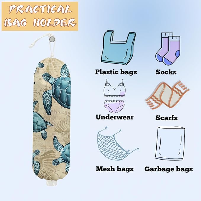 2PCS Sea Turtle Plastic Bag Holder, Wall Mount Grocery Bag Holder for Plastic Storage bag, Ocean Theme Storage Organizer Reusable Grocery Bags Kitchen Dispenser, Turtle Gifts for Women Mom Grandma