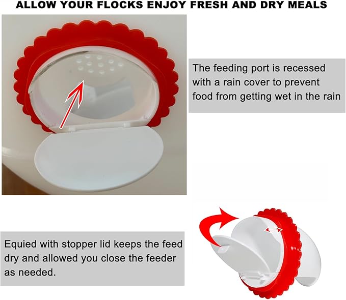Rainproof Chicken Feeder and Chicken Waterer Set (13 Gallon/60 Pounds) Automatic Chicken Feeder Poultry Feeder Bucket with 10 Ports Chicken Waterer (2.6 Gallon/10L) with 8 Water Cups