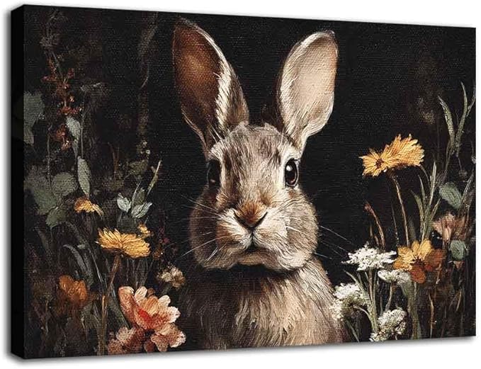 MNFGMH Easter Pictures Wall Decor Rustic Spring Rabbit with Flowers Easter Canvas Print Bunny Wall Art for Home Country Decor Wooden Frame 16x24 inch