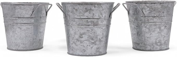 Hosley Set of 3 Galvanized Acid Wash Finish Bucket/Pots with PVC Liner 5" Dia x 5" H, Ideal Gift for Floral Arrangements Wedding Home Office Party DIY Indoor Outdoor Garden Patio