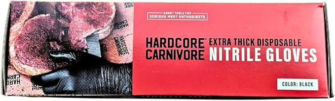 Hardcore Carnivore Disposable Nitrile Gloves (50 ct, 5 MIL) Extra Thick, Textured, Food Safe, Latex and Powder -Free, Black, Tear Resistant