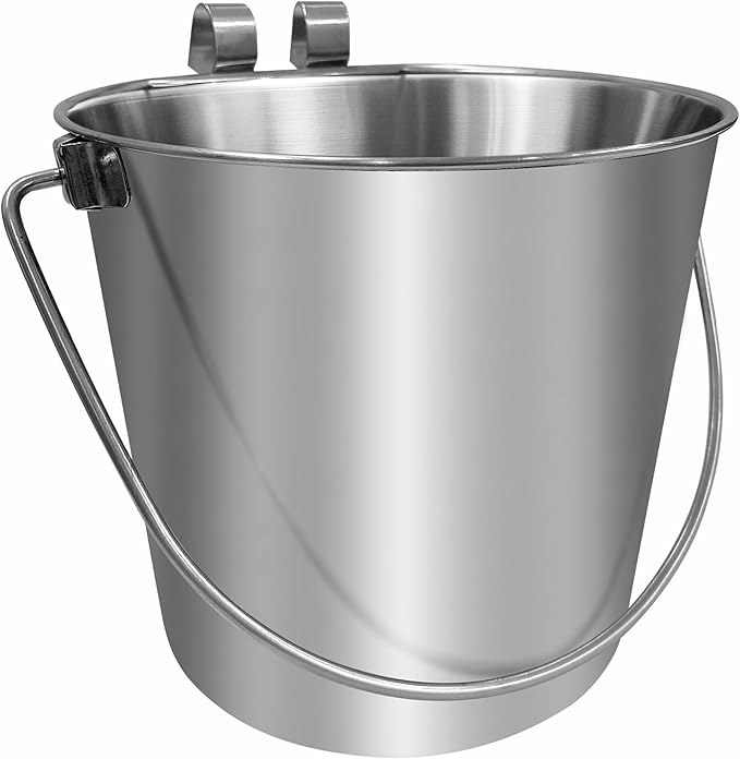 1.5 Gallon Stainless Steel Bucket - Heavy Duty Flat-Side Metal Bucket for Pets & Livestock Feeding - Rust Resistant Water Bucket with Hooks for Kennels, Cages, Crates & Fences - 6 Quart