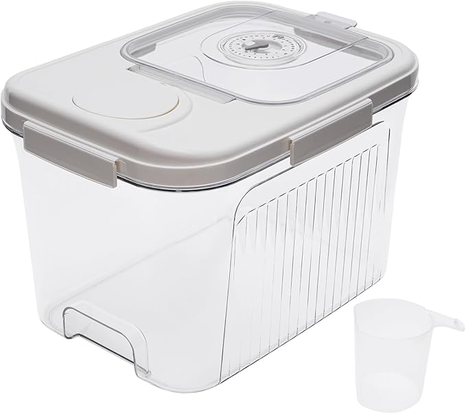 11lb Large Capacity Rice Bucket, Food Containers, Plastic Grain Storage Container with Lid and Timer, Food Storage Bins Airtight Kitchen Storage Containers (White, 13.4 * 10 * 8.86in)