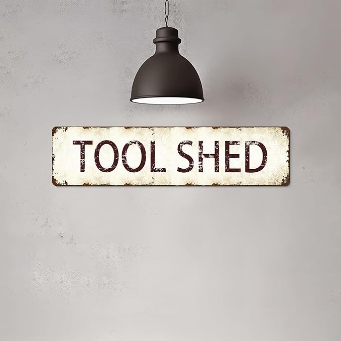 Vintage Tool Shed Sign - Retro Metal Tin Wall Art Decor 16x4 Inch, Rustic Workshop Garage Man Cave Signage with Weatherproof Finish, Funny Gift for Farmhouse Bar Cafe Indoor/Outdoor Use
