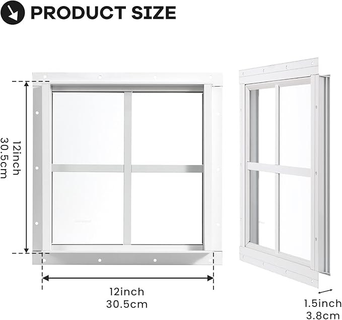 Shed Windows 2 Pack, Chicken Coop Windows 12" x 12" with Tempered Glass, Square Gable Flush Mounted Small Window for Shed, Playhouse, Household, Garage (White)
