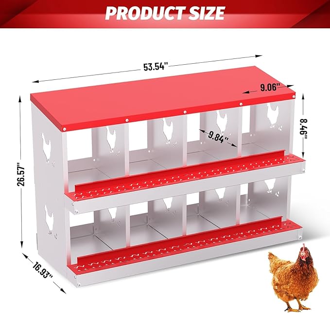 Metal Chicken Nesting Boxes, Heavy-Duty Galvanized Steel Egg Laying Box with 8 Compartments, Rustproof, Easy to Install & Clean, Wall-Mountable Design for Poultry Coops- Red Without Stand