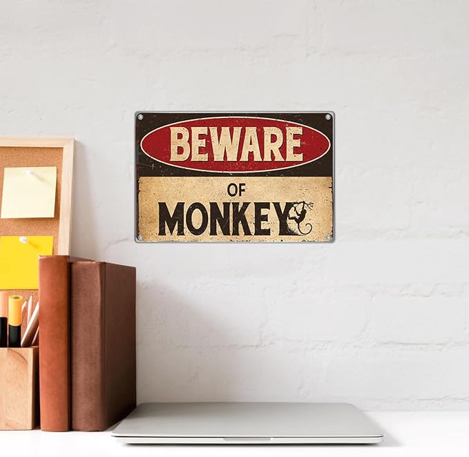 Vintage Beware Of Monkey Metal Sign Funny Warning Wall Decor 12 x 8 Inch Retro Tin Plaque For Man Cave Garage Home Bar Yard Art Outdoor Aluminum Indoor Kitchen
