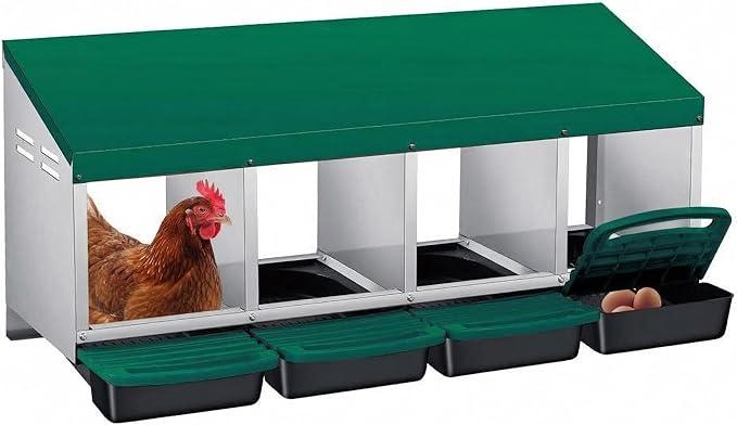 Chicken Nesting Boxes with Rollout Egg Collection – 4-Compartment Metal Hen Nest Box with Removable Trays, Slanted Roof & Ventilation, Wall Mount or Standing for Backyard Poultry Coop, Green