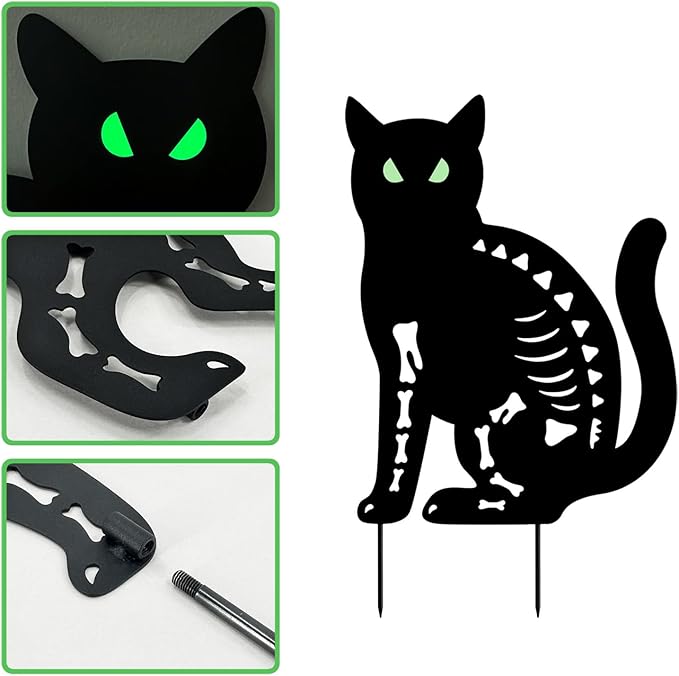 Halloween Black Cat Garden Stake Decor - 2 Pack Scary Cat Silhouette Metal Yard Signs with Glow-in-The-Dark Eyes for Outdoor Halloween Decorations