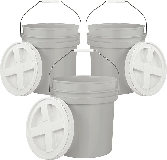 5-Gallon Grey Bucket Pail with Gamma Seal Screw on Airtight Lid, Metal Handles with Plastic Grip for Easy Carrying, Easy Stack and Store, Heavy-Duty 90MIL Extra Durable, Food Grade, BPA Free - 3 Pack