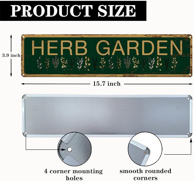 Herb Garden Metal Tin Sign, Vintage Rustic Garden Decor, Farmhouse Botanical Wall Decor, for Kitchen Yard Fence Porch Door, Outdoor Gardens Decoration, Ideas for Gardening Lovers, 15.7 x 3.9 Inches