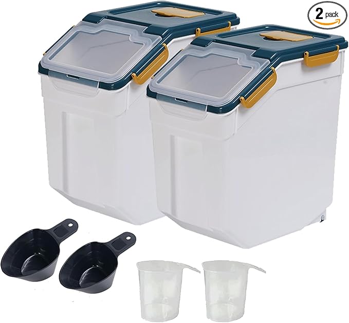 AnRui Flour Storage Container 25lb, Grain Storage Bucket, Airtight Rice Cereal Dispenser Organizer Box with Lid, Wheat Berry Storage Bin with Measuring Cup, Scoop, Wheels, 2Pcs Blue