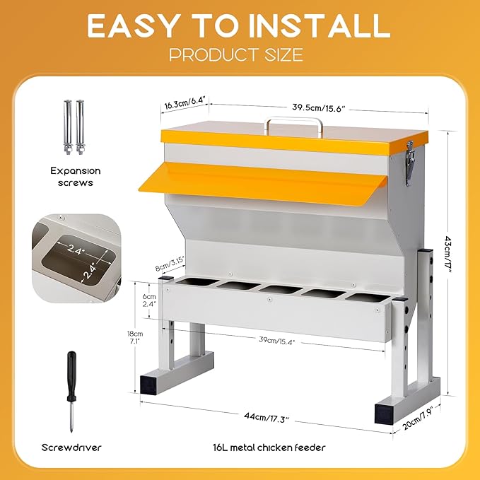 16L Metal Chicken Feeder, Adjustable Poultry Feeder with 5 Ports, Large Capacity Chicken Feeder No Waste for Chickens Ducks Turkeys