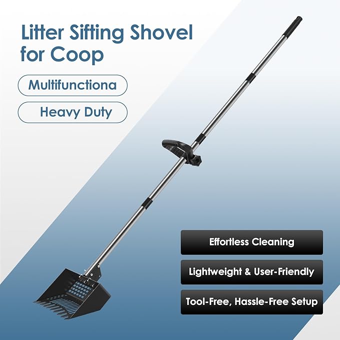 Zoned Sifting Chicken Manure Scoop - 3-in-1 Rake & Sifter with Adjustable Stainless Handle Chicken Poop Shovel for Stand-Up Coop Cleaning, Cat Litter, Beach Sand & Horse Stall, Black