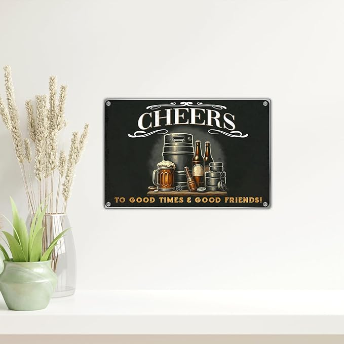 Bar Wall Sign Cheers To Good Times And Friends Vintage Metal For Home Pub Man Cave Beer Decor 12 x 8 Inch Indoor Aluminum Kitchen Art Outdoor