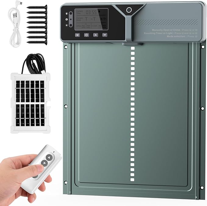 Large Automatic Chicken Coop Door, Solar Powered with Upgraded 4000mAh Battery, Light Sensor, Timer, Remote & Manual Control, Anti-Pinch Safety Auto Door for Chickens, Ducks & Geese, Blue