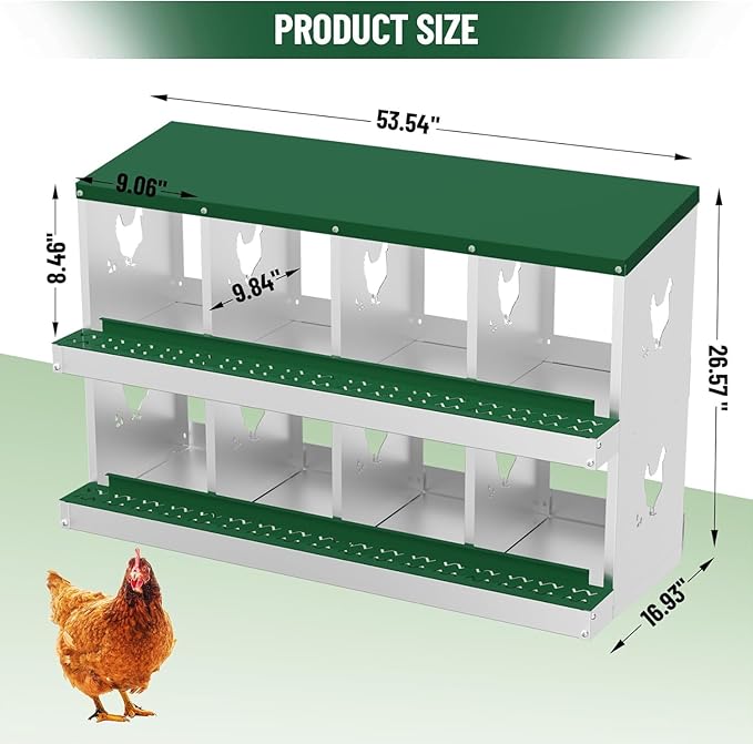 TrailBlaze Metal Chicken Nesting Boxes, Chicken Egg Laying Box with 8 Compartments, Large Vented Holes Chicken Coop with Rollout Egg Collection, Wall Mount Coops for Chickens, Hens (Green)