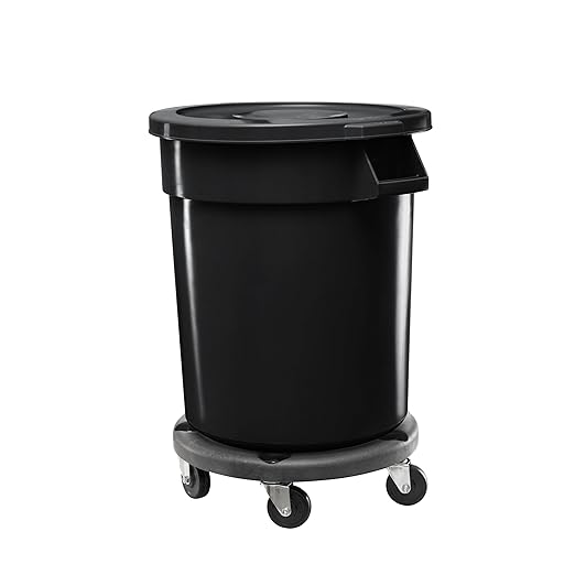 Feed and Seed Storage Container, 44 Gallon Black Round Commercial Trash Can with Lid and Dolly, Food Storage Plastic Bin, Use in Agricultural, Gardening, or Household